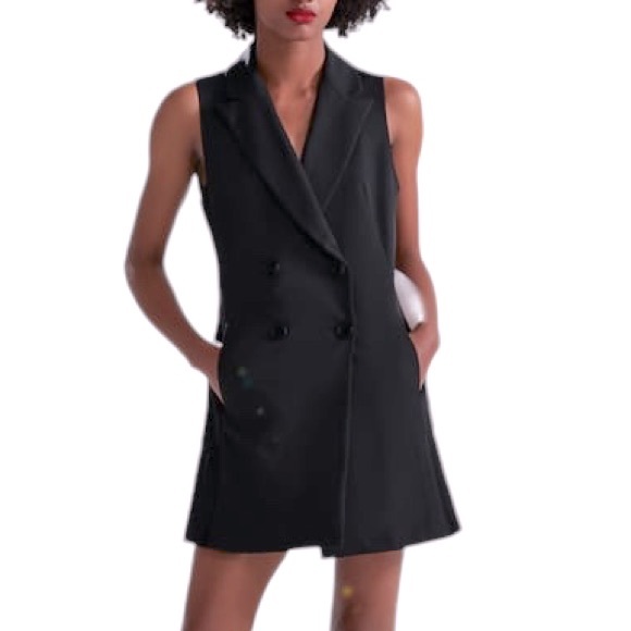 Zara Black Sleeveless Double Breasted Pleated Blazer Mini Dress Waistcoat - XS - Picture 3 of 16